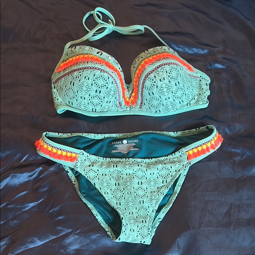 Shade & Shore Green and Orange Bikini Halter Style